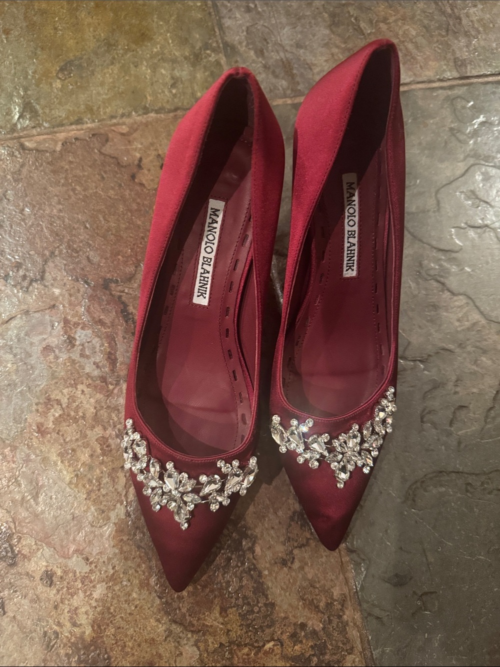 Manolo Blahnik Wine Red Satin Pointed Toe Flats with Crystal Appliqué